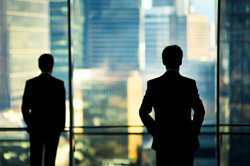 Two businessmen standing by office windows overlooking city, symbolizing teamwork, partnership, and professional growth.