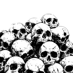 Pile of Skulls: A haunting monochrome composition featuring a chaotic pile of human skulls, evoking themes of mortality, macabre, and introspection.