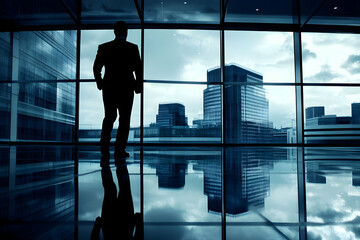 Business executive looking through large office windows at city skyline, symbolizing ambition, growth, and professional success.