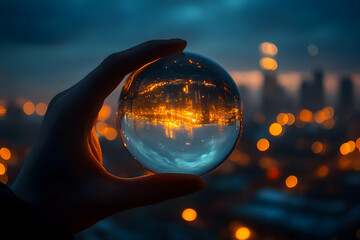Hand holding transparent glass ball reflecting city lights, symbolizing perspective, vision, and futuristic thinking.