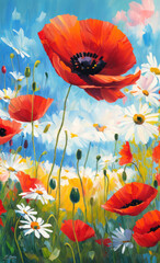 Bright Red Poppy Flower in a poppy field. Summer landscape