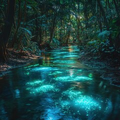 Fototapeta premium Enchanting Forest Stream with Bioluminescent Glow in Wilderness