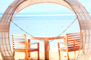 Tropical beach view, beach furniture deck chairs in the southern landscape of vacation
