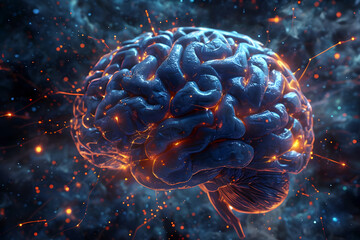 Golden glowing brain in outer space. The power of the human Mind in the Universe. Emotional and spiritual energy