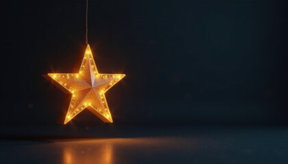 A single gold star light hangs in a dark environment with minimalistic shadows, minimalist, dark, starlight