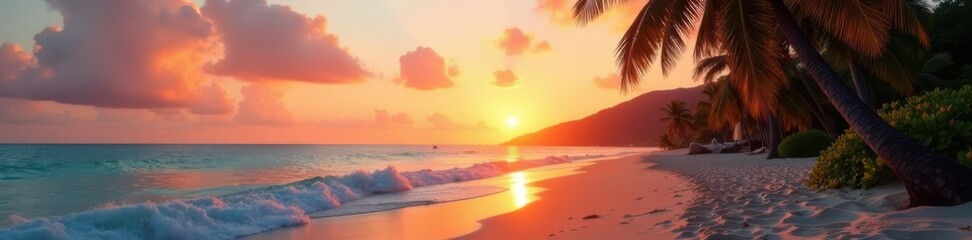 Beach at sunset with palm trees swaying in the gentle ocean breeze, ocean waves, warm light