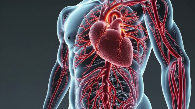 3D Medical Animation Of The Human Heart Vascular System With Glowing Blood Vessels In Athletic Man Science Cardio Exercise
