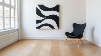 A minimalist room featuring a stylish black chair and modern abstract art on the wall, highlighting simplicity and elegance.