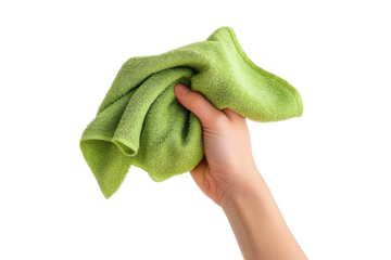 Hand holding green duster microfiber cloth used for cleaning isolated on white background