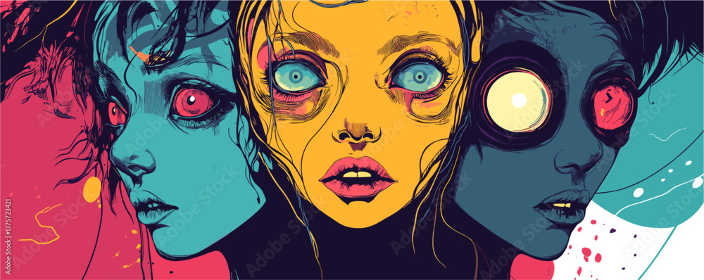 Poster surreal trio of colorful faces with wide eyes and intense expressions - vector.