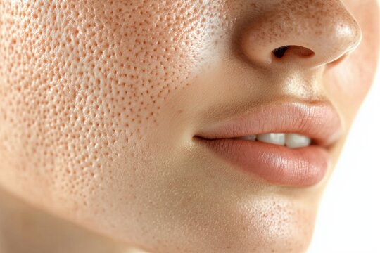 Close-up photo of a woman's face with problematic skin - enlarged pores, acne, pimples
