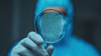 Forensic Scientist Observing Fingerprint Through Magnifying Glass in Laboratory Setting with Blue Lighting