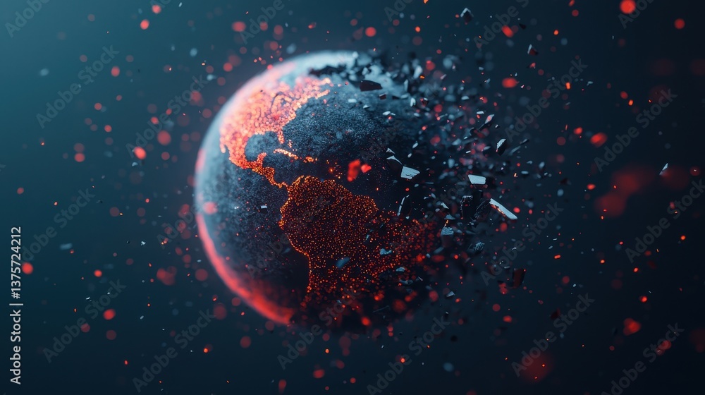 Poster abstract digital rendering of earth fragmenting into particles with glowing red elements and dark ba