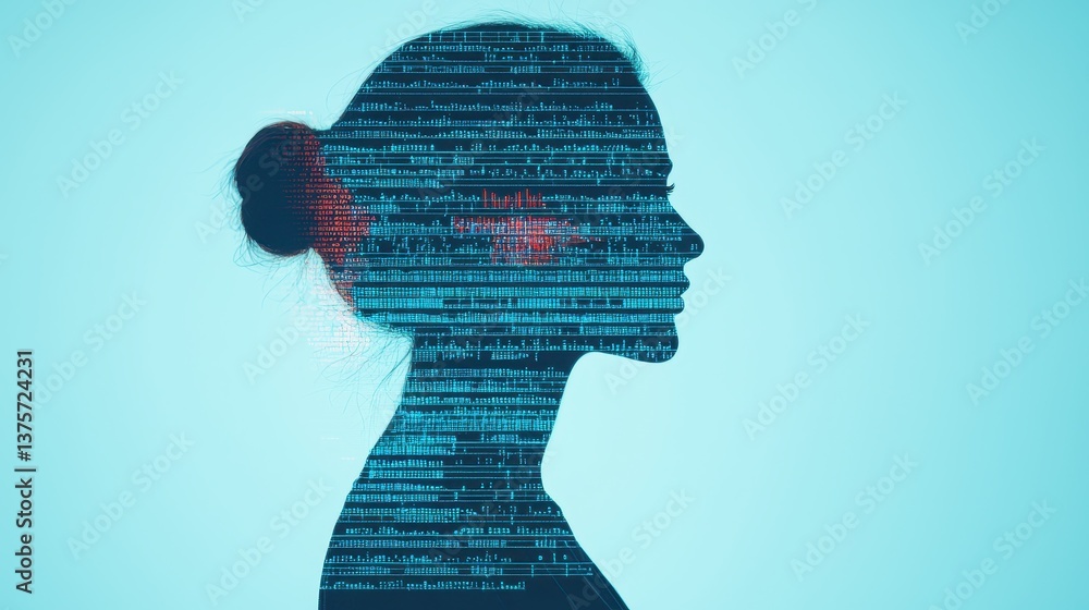 Poster conceptual image of a woman’s silhouette filled with digital data and binary code representing techn