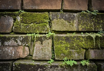 Naklejka premium A brick wall with moss growing on it.