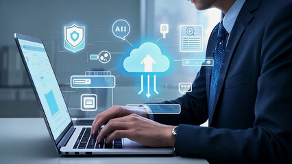 Person using laptop with cloud computing interface and security features