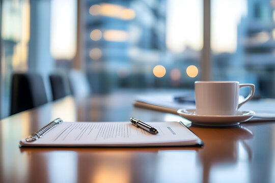 Signed documents and pen on a conference table beside a coffee cup, symbolizing agreement, deal making, negotiation, and professional office workflow.