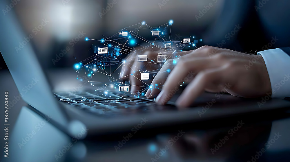 Poster digital networking action hands typing on laptop modern office technology environment close-up view 