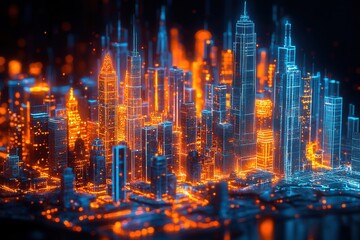 Obraz premium Futuristic illuminated cityscape with glowing orange and blue skyscrapers.