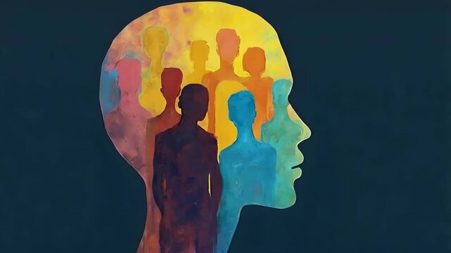Inclusion, equity and diversity represented by multicolored silhouettes in one person