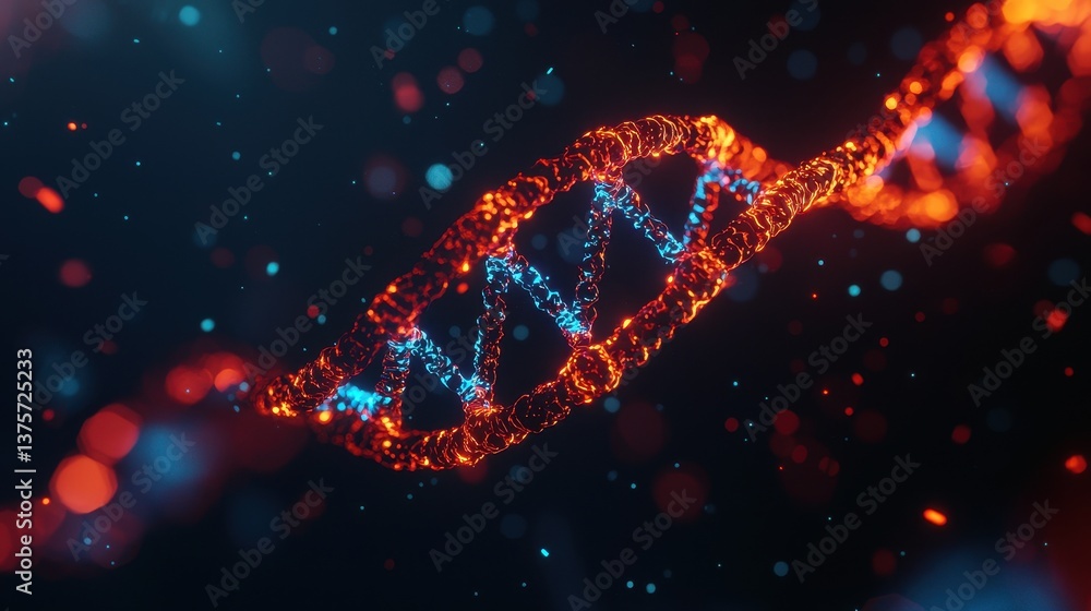 Poster colorful abstract representation of dna helix on a dark background with glowing particles and effect