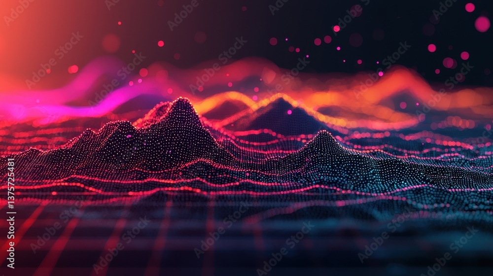 Poster colorful abstract landscape with waves and dots representing digital data and technology concepts