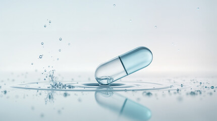  Gel Capsule Splashing into Water with Droplets and Ripples on Light Background.
