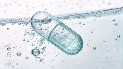 Transparent Gel Capsule Floating in Clear Water with Air Bubbles on White Background.