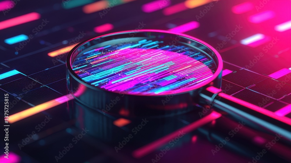 Poster magnifying glass over colorful data streams in a digital environment with neon hues and geometric pa