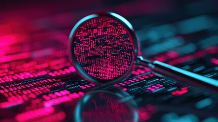 Close-up View of Magnifying Glass Over Digital Data Patterns in Neon Colors and Abstract Background