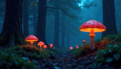 Fototapeta premium Dark, mysterious forest at night with glowing mushrooms, forest, mushrooms