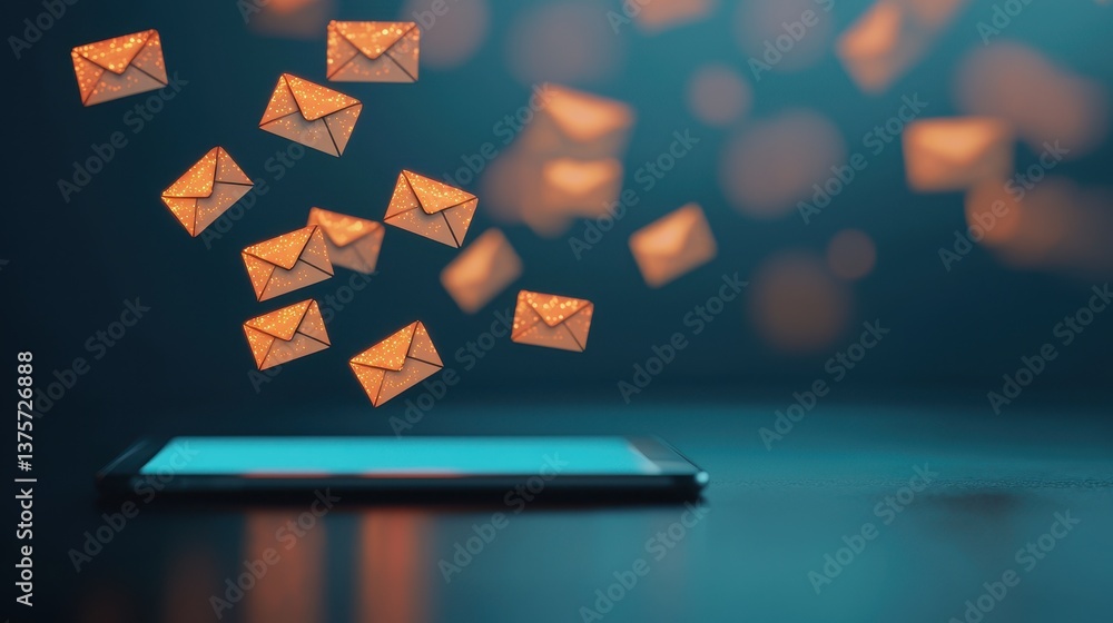 Poster floating glittering emails above smartphone with soft blue background in digital communication conce