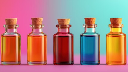 Colorful Bottles of Essential Oils with Cork Caps on Gradient Background for Wellness and Aromatherapy Imagery