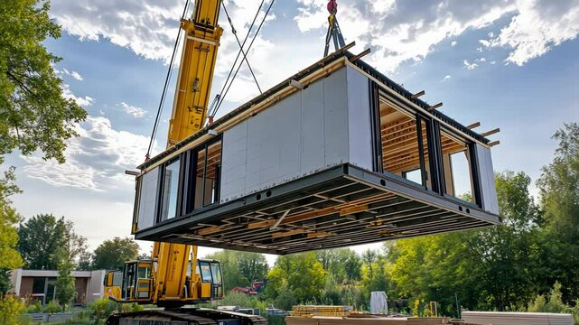 A crane lifting an entire prefabricated home, showcasing modular construction innovation.