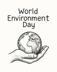 Hand-Drawn World Environment Day Poster Illustration with Earth in Hand