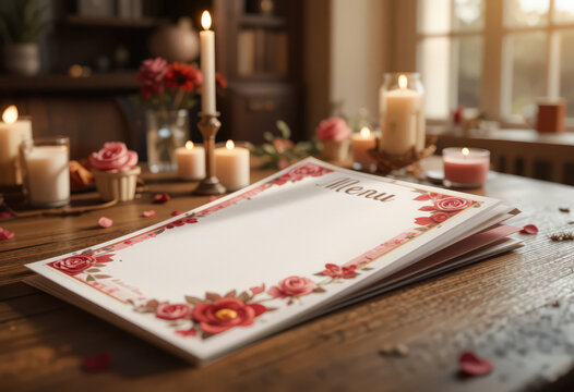 Romantic menu design with floral accents on a cozy wooden table.