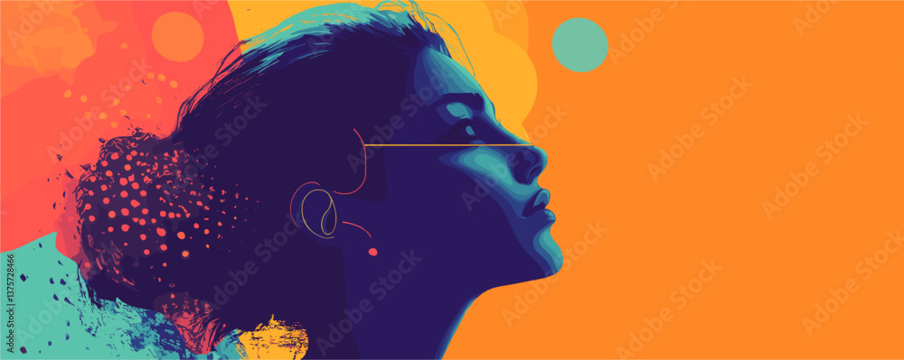 Poster abstract colorful profile of woman with artistic elements and vibrant background - vector.