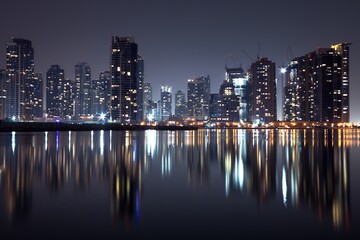 Naklejka premium A long exposure and blurred lights photo of a city, no car in the view,