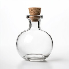 Isolated Clear Glass Bottle with Cork Stopper on White Background