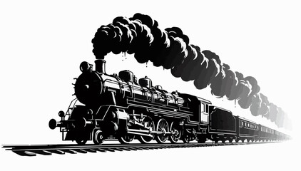 A black and white silhouette of a steam locomotive on a white background. EPS vector graphics. © Dzianis