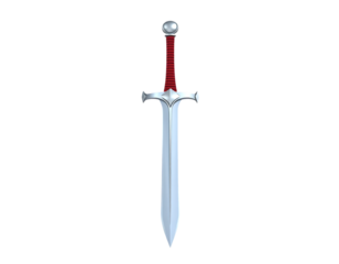 A detailed illustration of a silver sword with a red handle.