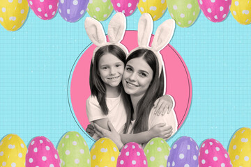Template sketch image composite artwork collage of mom hugs daughter smile bunny ear egg decor...