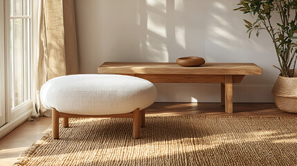 Cozy interior featuring a textured ottoman, wooden bench, woven rug, and a potted plant in warm sunlight.