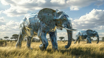 Obraz premium Two metallic elephants walking gracefully across the grassy savanna plains
