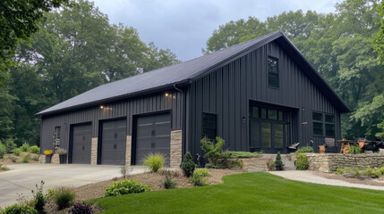 Modern Black Metal Building Surrounded by Lush Greenery and Landscape