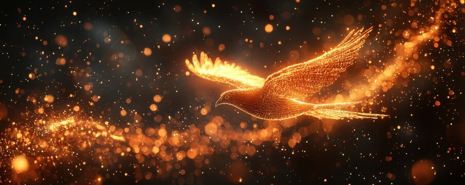 Glowing firebird flying amidst sparkling golden particles in a dramatic background