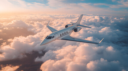 White Private Jet Soaring Above Pink Sunset Clouds