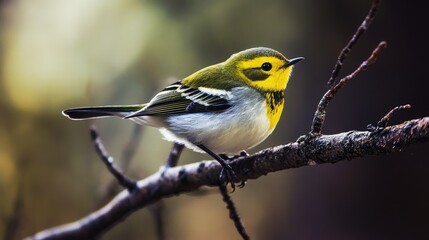Black-Throated Green Warbler Perched on a Grey Branch Among Green Leaves