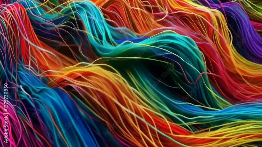 Poster colorful tapestry of intersecting yarn lines, creating a complex, vibrant mosaic effect