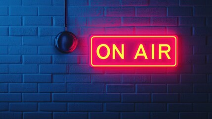 Fototapeta premium Neon On Air Sign Illuminating Dark Wall in Studio Setting for Broadcasting and Podcast Themes